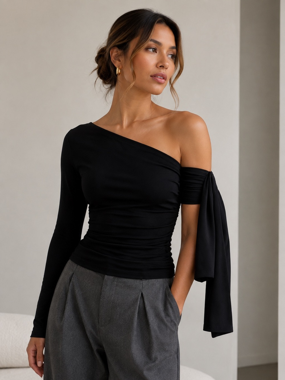 COMMENSE Black Asymmetrical One-Shoulder Top
